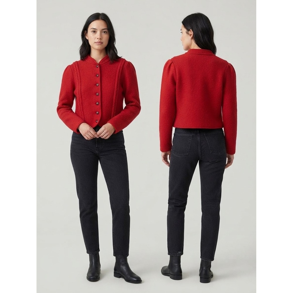 VTG 70s Deans of Scotland Red Boiled Wool Cardigan Jacket Ornate Buttons S
